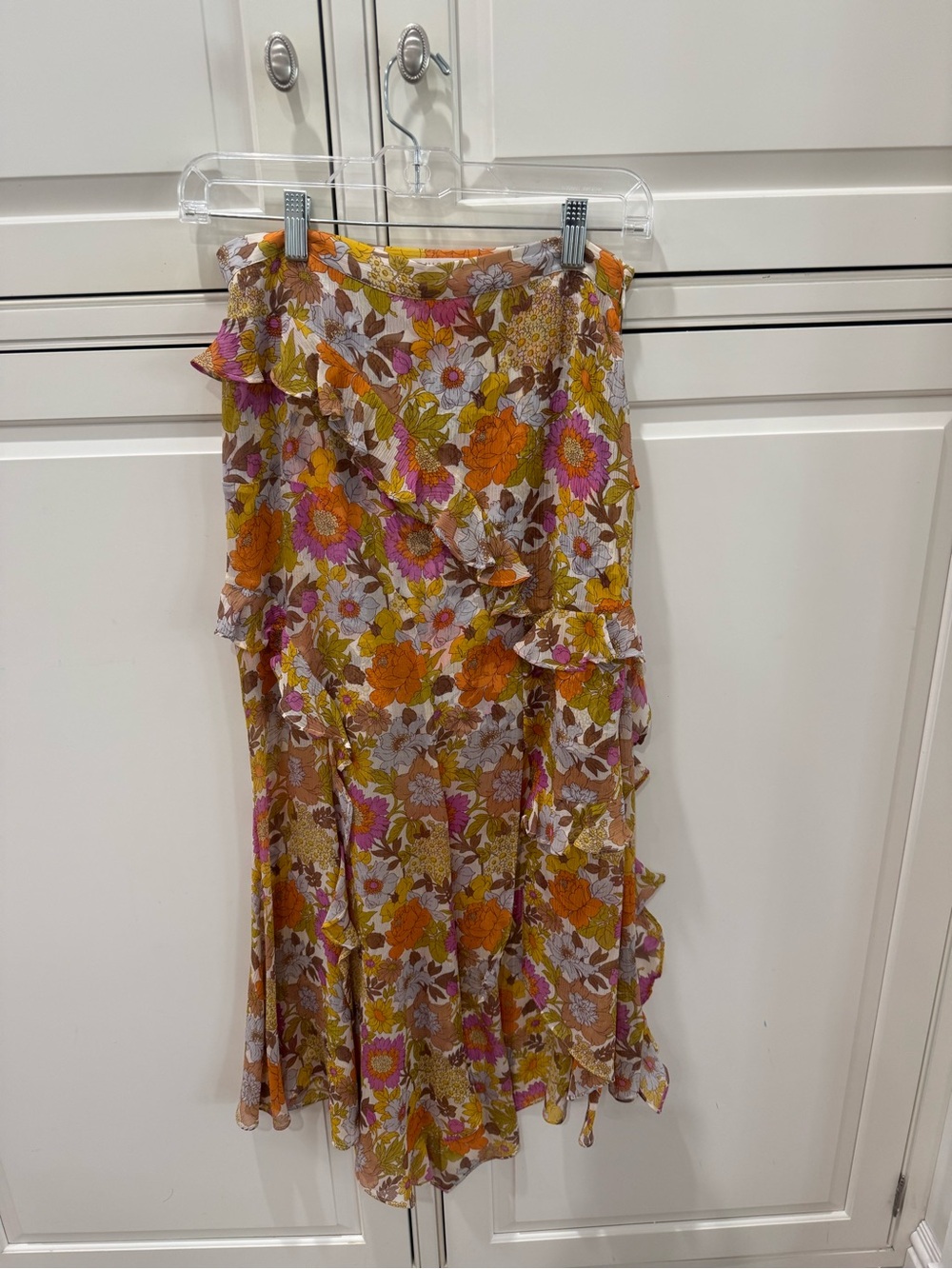 Floral Ruffle Midi Skirt - Orange & Pink